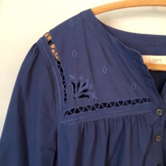 LOFT Cotton Embroidered Tie Cuff Blouse - Picture 2 of 5